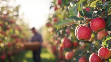A vibrant apple orchard with ripe red apples on the trees, while a blurred farmer is harvesting in the background photo