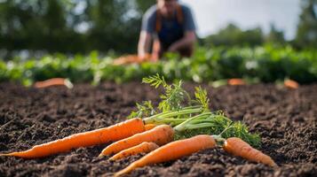 Freshly picked carrots lying on the soil in the foreground, while a blurred farmer continues harvesting in the background photo