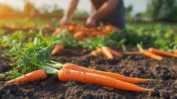 Freshly picked carrots lying on the soil in the foreground, while a blurred farmer continues harvesting in the background photo