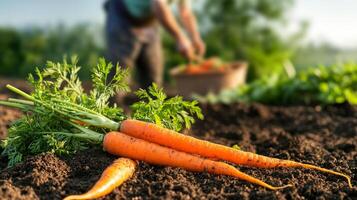 Freshly picked carrots lying on the soil in the foreground, while a blurred farmer continues harvesting in the background photo