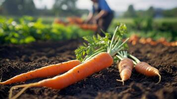 Freshly picked carrots lying on the soil in the foreground, while a blurred farmer continues harvesting in the background photo