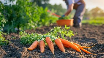 Freshly picked carrots lying on the soil in the foreground, while a blurred farmer continues harvesting in the background photo