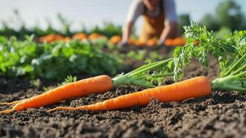Freshly picked carrots lying on the soil in the foreground, while a blurred farmer continues harvesting in the background photo