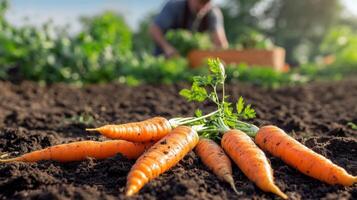 Freshly picked carrots lying on the soil in the foreground, while a blurred farmer continues harvesting in the background photo
