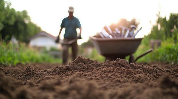Freshly tilled soil in the foreground, with a blurred farmer pushing a wheelbarrow full of tools in the background photo