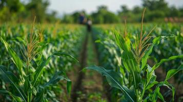 Rows of green corn stalks growing in a field, with a blurred farmer walking through the crops in the background photo