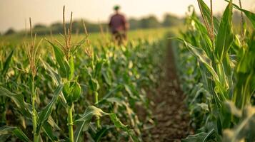 Rows of green corn stalks growing in a field, with a blurred farmer walking through the crops in the background photo