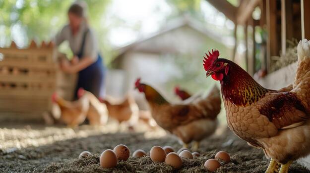 A chicken coop with hens pecking the ground in the foreground, and a blurred farmer collecting eggs in the background photo