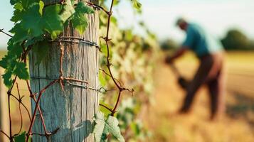A closeup of a fence post with vines growing around it, while a blurred farmer works in the fields beyond, symbolizing farm care photo