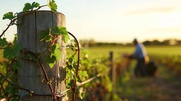 A closeup of a fence post with vines growing around it, while a blurred farmer works in the fields beyond, symbolizing farm care photo