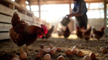 A chicken coop with hens pecking the ground in the foreground, and a blurred farmer collecting eggs in the background photo