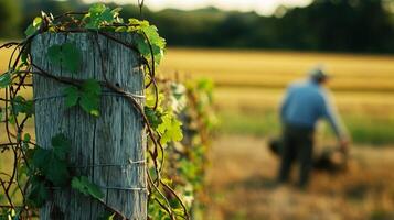 A closeup of a fence post with vines growing around it, while a blurred farmer works in the fields beyond, symbolizing farm care photo