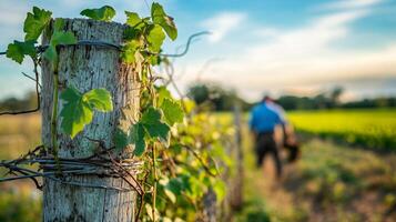 A closeup of a fence post with vines growing around it, while a blurred farmer works in the fields beyond, symbolizing farm care photo