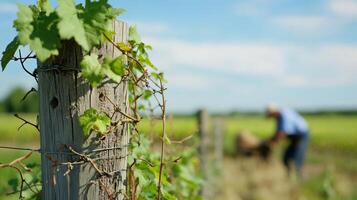 A closeup of a fence post with vines growing around it, while a blurred farmer works in the fields beyond, symbolizing farm care photo