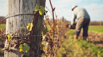 A closeup of a fence post with vines growing around it, while a blurred farmer works in the fields beyond, symbolizing farm care photo