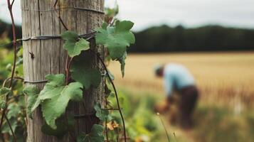 A closeup of a fence post with vines growing around it, while a blurred farmer works in the fields beyond, symbolizing farm care photo