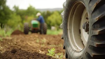 A closeup of a tractor tire in the foreground, with a blurred farmer working the soil in the background, capturing daily farm life photo