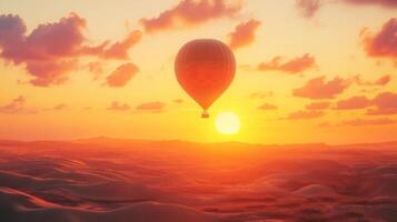 A hot air balloon floating over a desert landscape during sunrise photo