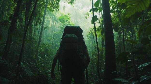 A solo backpacker hiking through a dense forest with towering trees photo