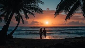 A couple enjoying a sunset by the ocean during their vacation on a tropical island photo