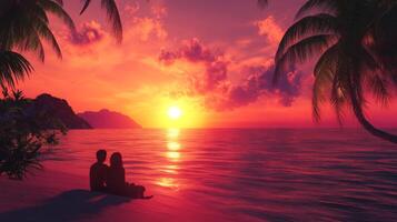 A couple enjoying a sunset by the ocean during their vacation on a tropical island photo