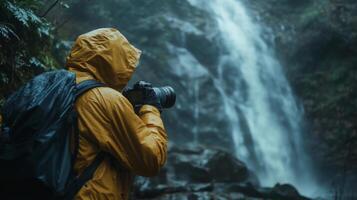 A traveler capturing the beauty of a waterfall with a camera on a misty morning photo