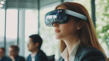 A woman in a business suit using augmented reality glasses during a meeting photo