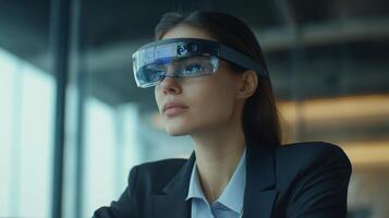 A woman in a business suit using augmented reality glasses during a meeting photo