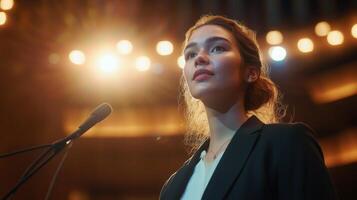A businesswoman giving a speech at a tech conference, standing confidently photo