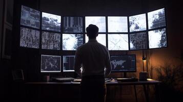 A man analyzing data on a large multi-screen setup in a dark room photo