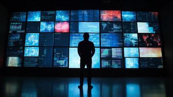 A man analyzing data on a large multi-screen setup in a dark room photo