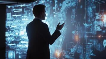 A businessman giving a presentation using a futuristic digital whiteboard photo