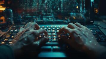 A programmer typing rapidly on a keyboard, surrounded by digital code photo