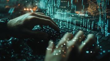A programmer typing rapidly on a keyboard, surrounded by digital code photo