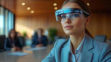 A woman in a business suit using augmented reality glasses during a meeting photo