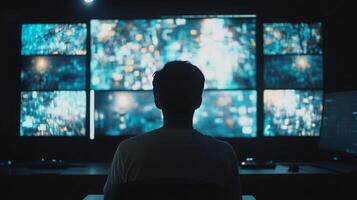 A man analyzing data on a large multi-screen setup in a dark room photo