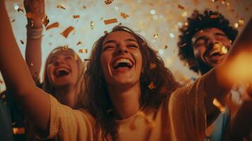A startup team celebrating the launch of a new app, smiling and excited photo