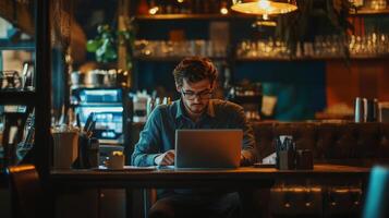 A young entrepreneur working remotely on a laptop in a stylish cafe photo