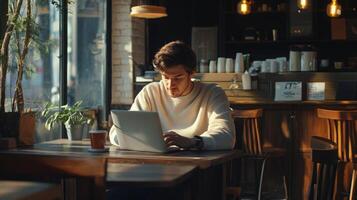 A young entrepreneur working remotely on a laptop in a stylish cafe photo