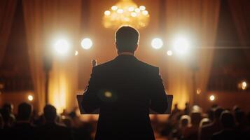 A politician passionately delivering a speech from a podium at a formal event photo