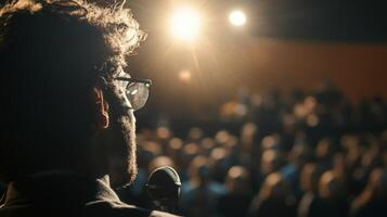 A close-up of a speaker's face while giving a powerful speech, with audience blurred in the background photo