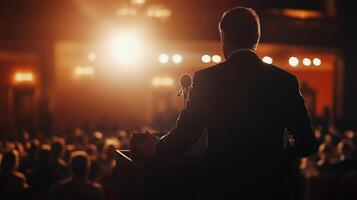 A politician passionately delivering a speech from a podium at a formal event photo