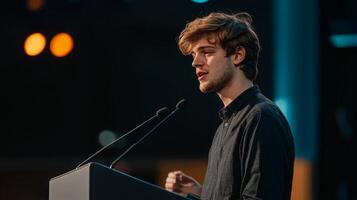 A young man standing at a podium, passionately addressing a conference crowd photo