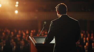 A politician passionately delivering a speech from a podium at a formal event photo