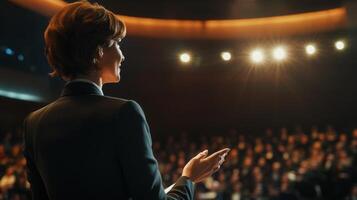 A confident woman in a business suit giving a speech in front of a large audience photo