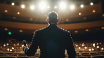 A professional speaker with a microphone delivering an inspirational talk in a well-lit auditorium photo