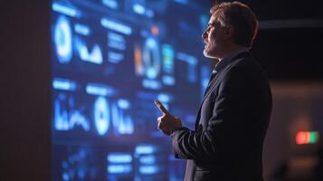A keynote speaker presenting in front of a large screen with visual aids photo