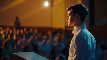A young man standing at a podium, passionately addressing a conference crowd photo