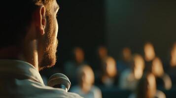A close-up of a speaker's face while giving a powerful speech, with audience blurred in the background photo