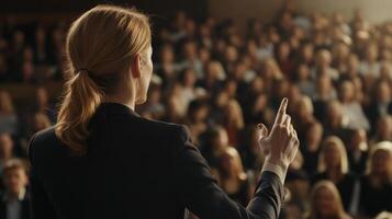 A confident woman in a business suit giving a speech in front of a large audience photo